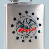 Close-up of a stainless steel Semiquincentennial 250th Flask with a detailed eagle emblem, stars, and a red banner reading "Zero Foxtrot" celebrating the 250th birthday from 1776 to 2026.