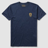 Blackbeard Glory Tee in navy blue featuring a small gold skull and Club of Spades emblem on the left chest, with a classic crew neck and short sleeves.