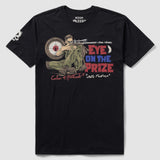 Black White Feather Tee featuring a graphic of a soldier aiming a sniper rifle at a target with the text "Eye on the Prize" in red and blue lettering