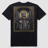 Black Fallen Angel Tee featuring a detailed graphic of a skeleton angel with wings, a crown, and red blood dripping from its mouth, set within an ornate gold frame design.