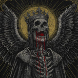 Close-up of a dark gothic-style graphic featuring a crowned skeletal figure with wings and blood dripping from its mouth, printed on the Fallen Angel Tee.