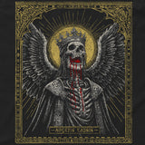 Graphic design of a skeletal fallen angel wearing a crown and dark robes with detailed wings, with red accents resembling blood, set against a gold halo and ornate gold border, on a Fallen Angel Tank.
