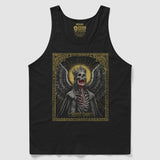Black Fallen Angel Tank featuring a detailed graphic of a skeletal angel with a crown and wings, gold halo, and intricate ornate border design.