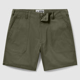 Fatigue Shorts in olive green color, featuring a sturdy fabric with front pockets and belt loops, designed for a comfortable and casual fit.