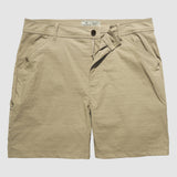 Field Shorts in tan color featuring a classic flat front design with side pockets and belt loops, made from lightweight, breathable fabric for comfortable wear.