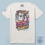 White My Country Tee featuring a colorful graphic of a man with sunglasses, a woman holding a beer, and text saying "Where liberty is, there’s my country," with additional design elements on the sleeve.