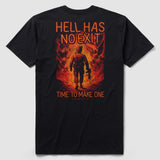 Back view of a black No Exit Tee featuring a vivid graphic of a soldier walking into flames surrounded by demons, with the text "Hell Has No Exit" and "Time To Make One" in bold orange letters.