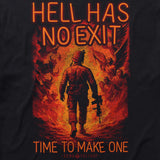 No Exit Tee featuring a soldier walking through fiery flames with the text "Hell Has No Exit" in bright orange above and "Time To Make One" below, detailed with angelic figures in the background.