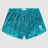 Bright aqua shorts featuring a smooth fabric with detailed white topographic map lines and subtle contour markings, labeled as Topographic Silkies.
