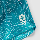 Close-up of the aqua blue fabric of Topographic Silkies featuring white topographic contour lines and a small skull logo near the bottom hem.