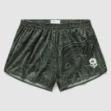 Topographic Silkies in dark green featuring a contour map pattern with a small white skull emblem on the front leg and an elastic waistband for comfort.
