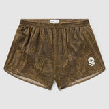 Topographic Silkies in earthy brown with a topographic line pattern and a small skull emblem, designed for lightweight comfort and style.