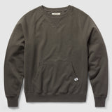 Smuggler French Terry Crew in dark gray with crew neckline, long sleeves, kangaroo pocket, and ribbed cuffs and hem, made from soft French terry fabric.