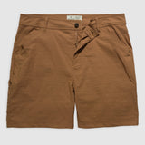 Front view of coyote brown Field Shorts with button and zipper closure, belt loops, and side pockets laid flat on a light background.