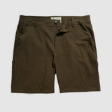 Olive green Field Shorts laid flat showing front side with button and zip closure, belt loops, and side pockets in a smooth fabric finish.