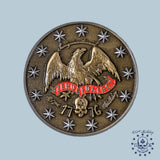 Semiquincentennial 250th Coin featuring a bronze eagle with outstretched wings, a red banner reading "Zero Foxtrot," the years 1776 and 2021, and surrounded by thirteen stars.