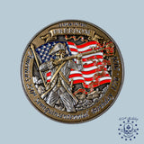 Semiquincentennial 250th Coin featuring a colonial soldier firing a musket in front of a waving American flag with the word "FREEDOM" and the dates 1776-2026.