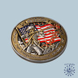 Semiquincentennial 250th Coin featuring a detailed Revolutionary War soldier holding a musket with the American flag waving behind him, symbolizing freedom.