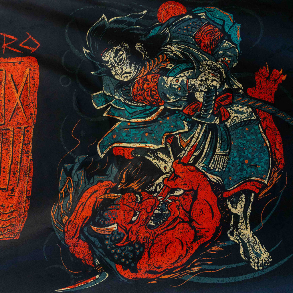 Namakubi Flag featuring a teal armored samurai warrior battling a fierce red demon in a dramatic Japanese inspired illustration on a dark background