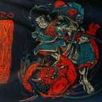 Namakubi Flag featuring a teal armored samurai warrior battling a fierce red demon in a dramatic Japanese inspired illustration on a dark background