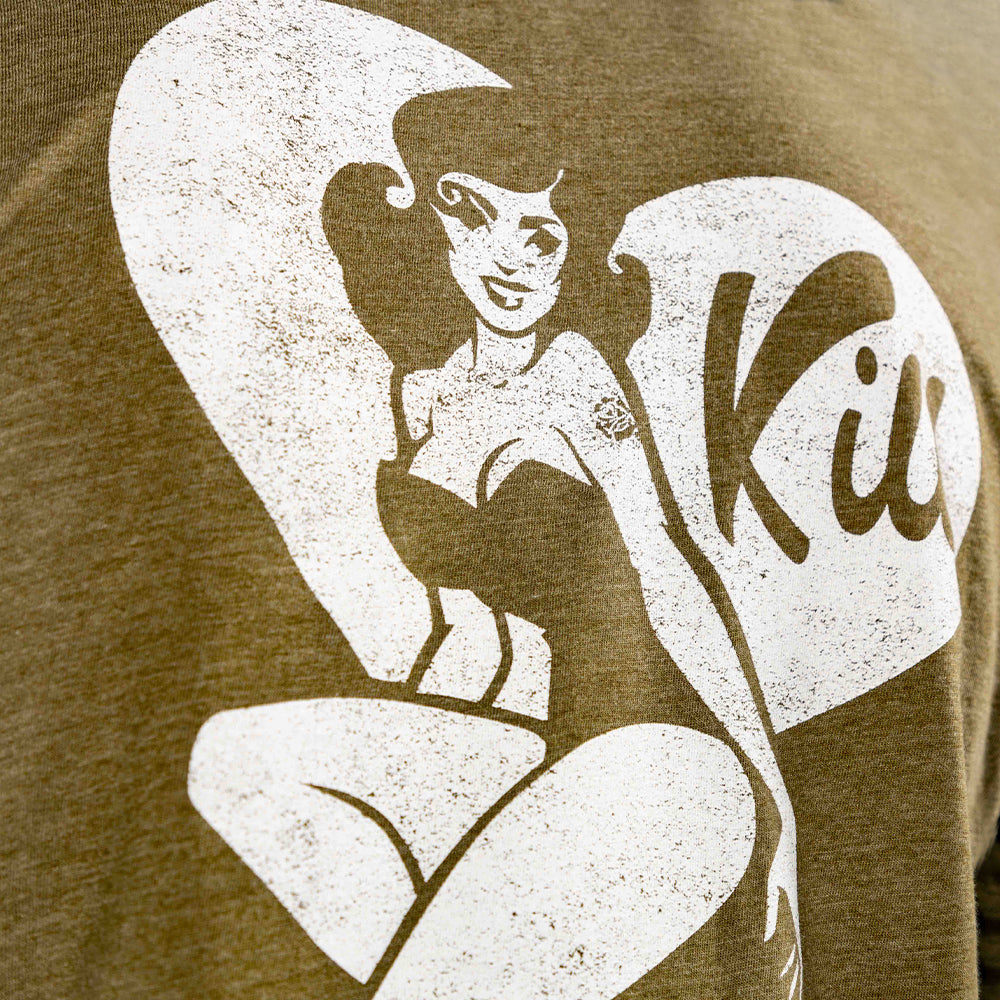 For Mommy Tee in olive green with a distressed white graphic of a smiling retro pin up woman and oversized lettering