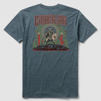 Back view of a blue-gray Army of One Tee featuring a graphic design of a armored warrior holding a shield and sword standing on a pile of skulls and bones with red blood splatters.