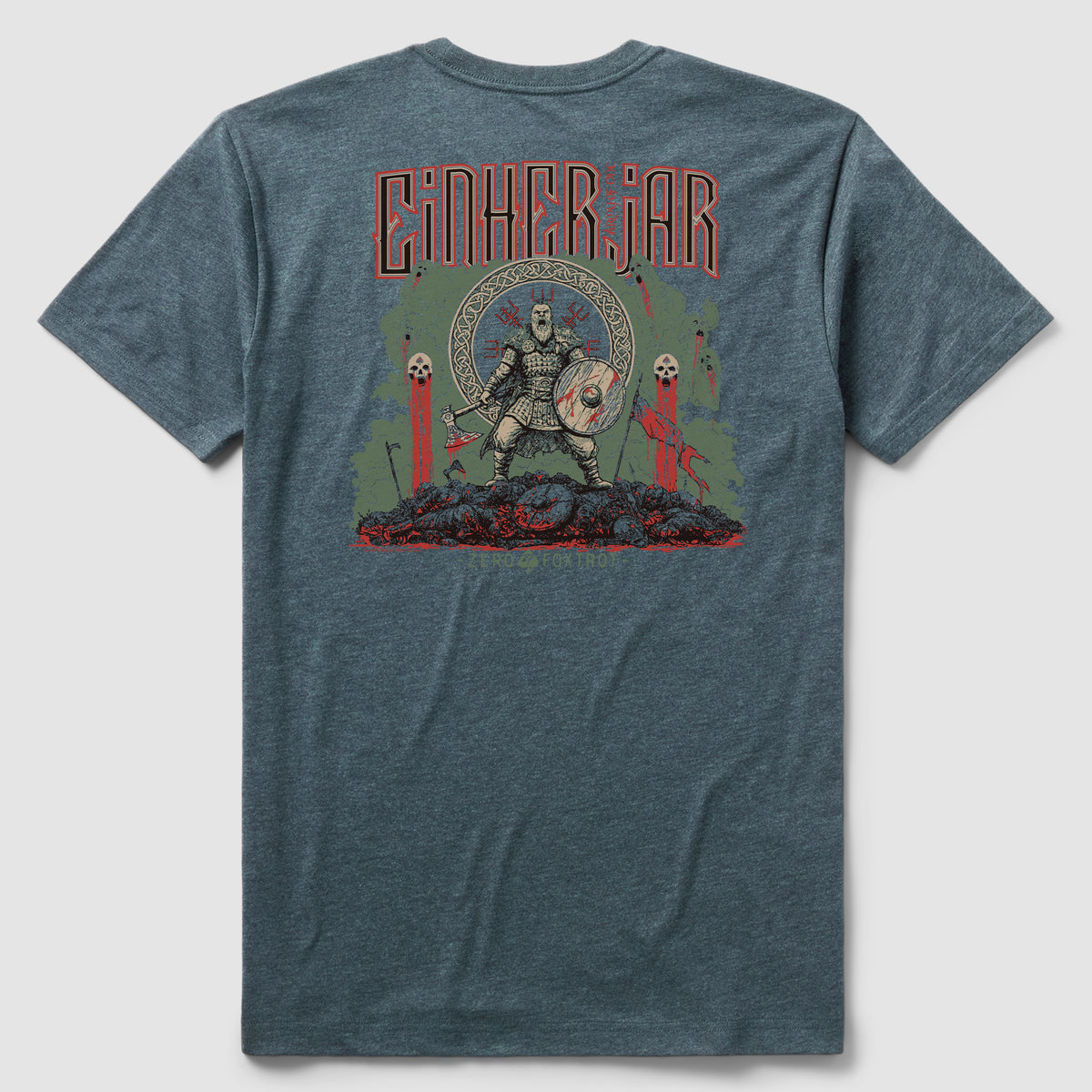 Back view of a blue-gray Army of One Tee featuring a graphic design of a armored warrior holding a shield and sword standing on a pile of skulls and bones with red blood splatters.