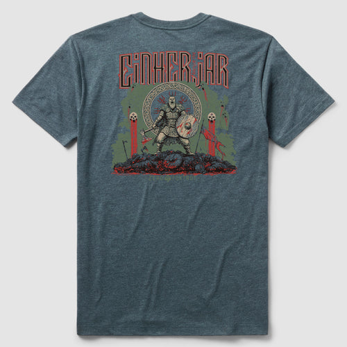 Back view of a blue-gray Army of One Tee featuring a graphic design of a armored warrior holding a shield and sword standing on a pile of skulls and bones with red blood splatters.