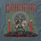Close-up of Army of One Tee featuring a fierce Viking warrior with axe and shield standing atop defeated enemies, surrounded by skulls and Norse symbols in red and green accents.