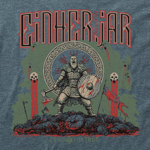 Close-up of Army of One Tee featuring a fierce Viking warrior with axe and shield standing atop defeated enemies, surrounded by skulls and Norse symbols in red and green accents.