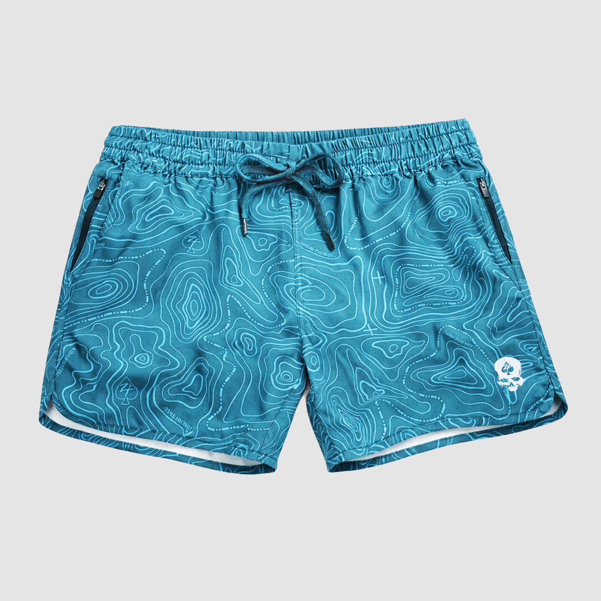 Blue patterned shorts with a topographic map design, featuring an elastic waistband with drawstring and zippered side pockets, named Zero Shorts - 5" Inseam.
