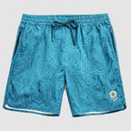 Blue shorts with a topographic map pattern, featuring an elastic waistband with drawstring and zipper pockets, designed as Zero Shorts - 9" Inseam.