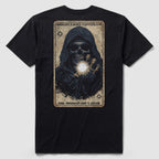 Black Bright Light Continuum Tee featuring a detailed graphic of a cloaked skeleton holding a glowing orb, with text above and below the image on the back of the shirt.