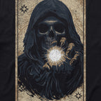 Bright Light Continuum Tee featuring a dark hooded grim reaper figure with a glowing bright light orb in its hand, set against a distressed vintage background with star accents.