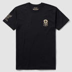 Black crew neck Bright Light Continuum Tee featuring a small skull graphic with text on the left chest and an additional detailed design on the right sleeve.