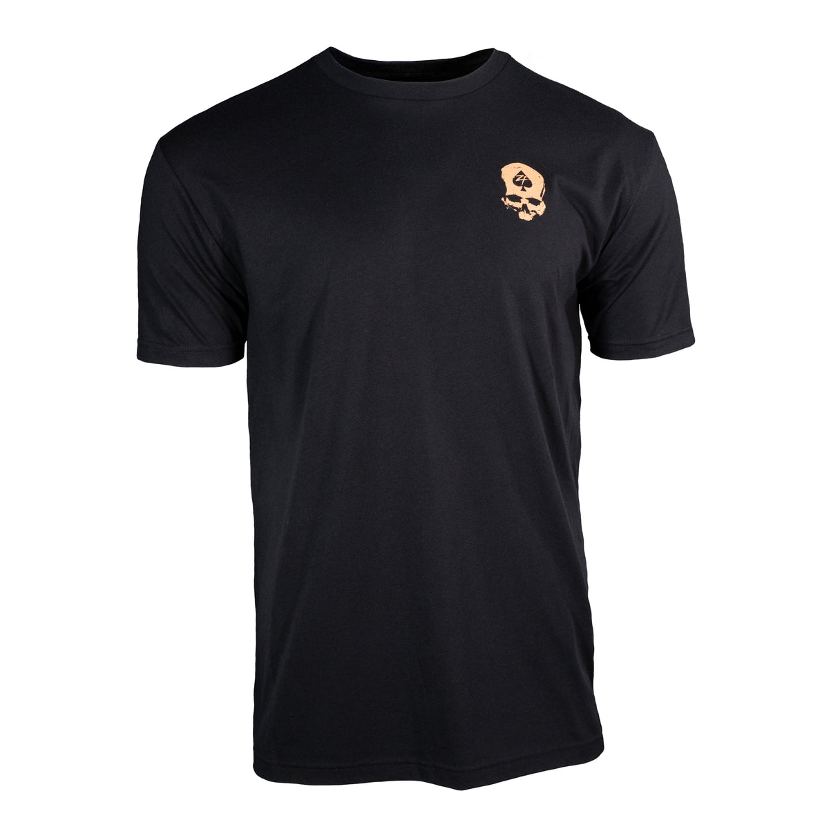 Black short-sleeve crew neck t-shirt featuring a small, light-colored skull graphic on the upper left chest, named Without Fear Tee.