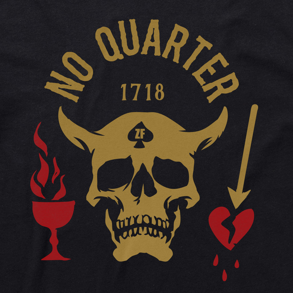Blackbeard Tee featuring a vintage skull graphic with No Quarter 1718 lettering a flaming red goblet and a broken heart pierced by an arrow
