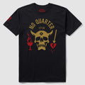 Blackbeard Tee black graphic T-shirt featuring a gold skull, No Quarter lettering, red flames, a goblet, and an arrow piercing a broken heart