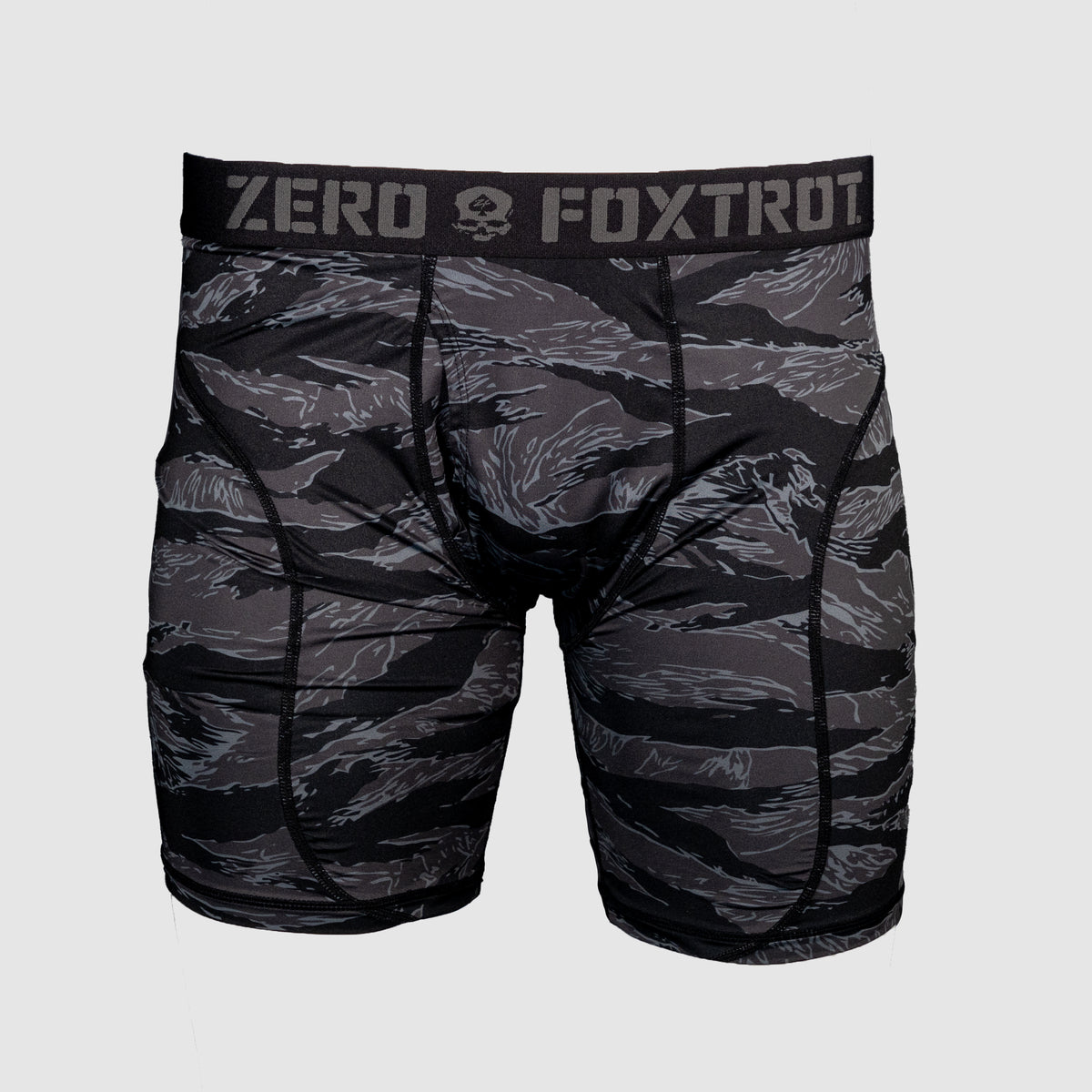 Black and gray camouflage patterned boxer briefs with a branded waistband, designed for comfort and support in the Boxer Briefs - 6" Inseam style.