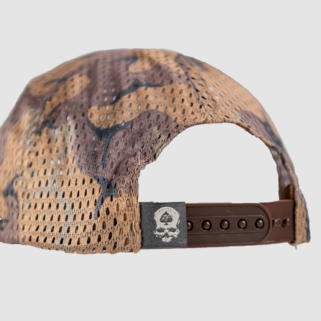 Full Mesh Cap in brown and tan camouflage with breathable mesh panels and adjustable snapback closure shown from the back