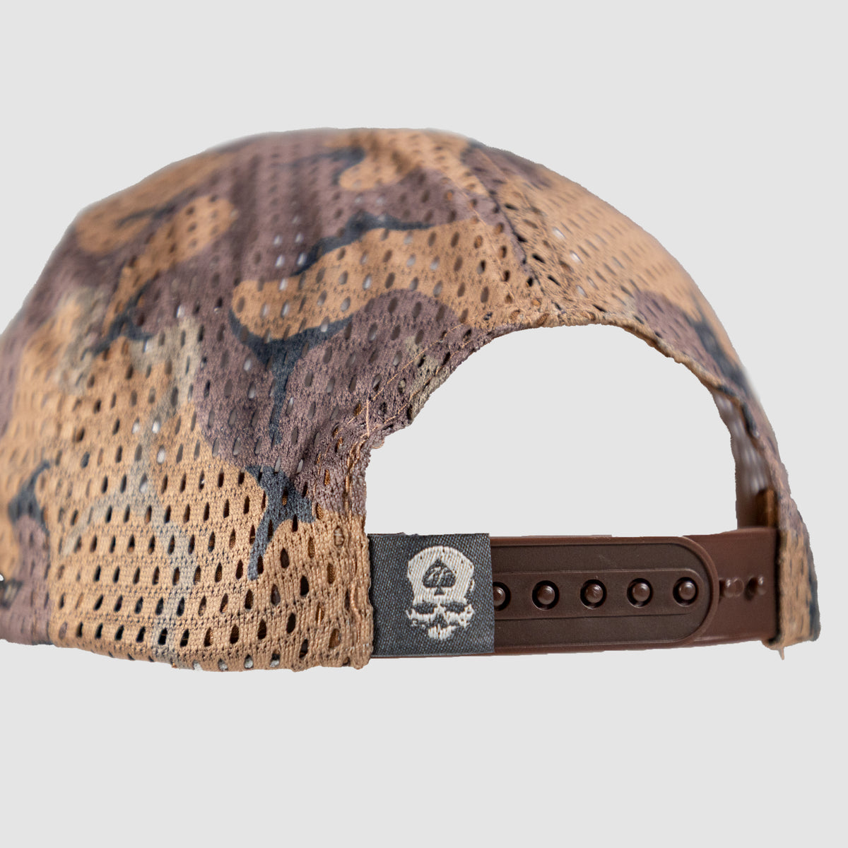 Full Mesh Cap in brown and tan camouflage with breathable mesh panels and adjustable snapback closure shown from the back