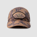 Full Mesh Cap with a brown and tan camouflage pattern, featuring a breathable mesh fabric and a front patch with a skull and crossbones design and the words "Zero Foxtrot Stay Zero.