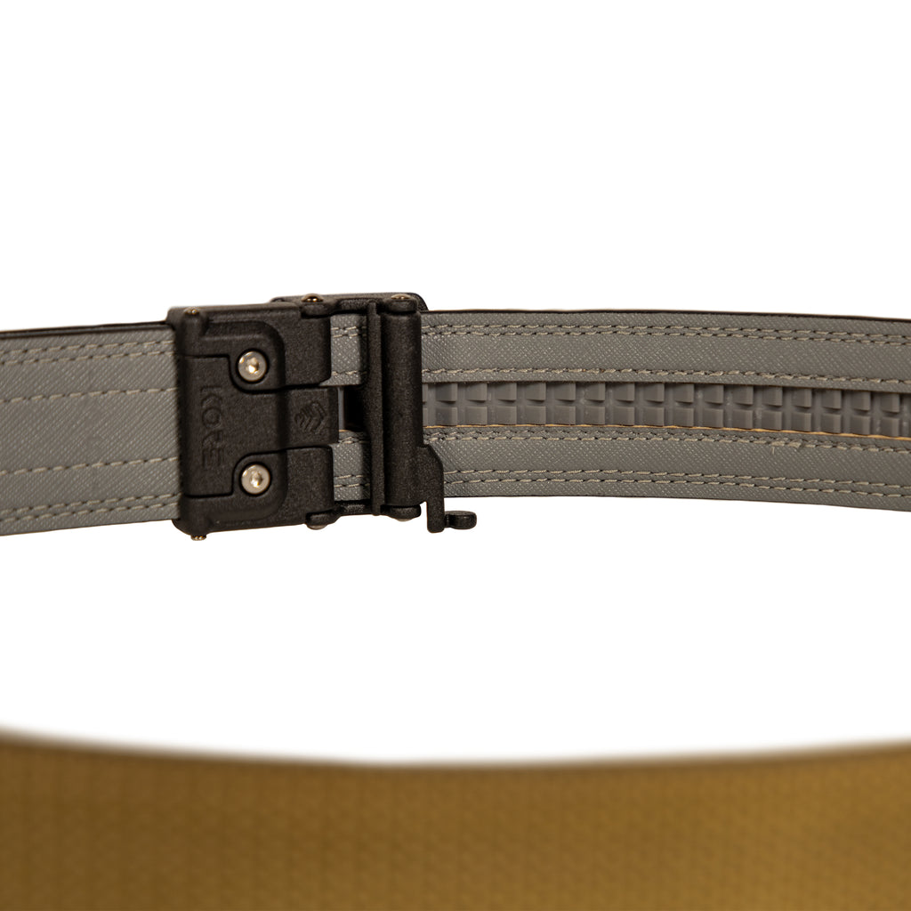 ZF x Kore Sleek Gun Belt shown close up with a black quick release buckle, gray textured strap, stitched edges, and an adjustable inner track