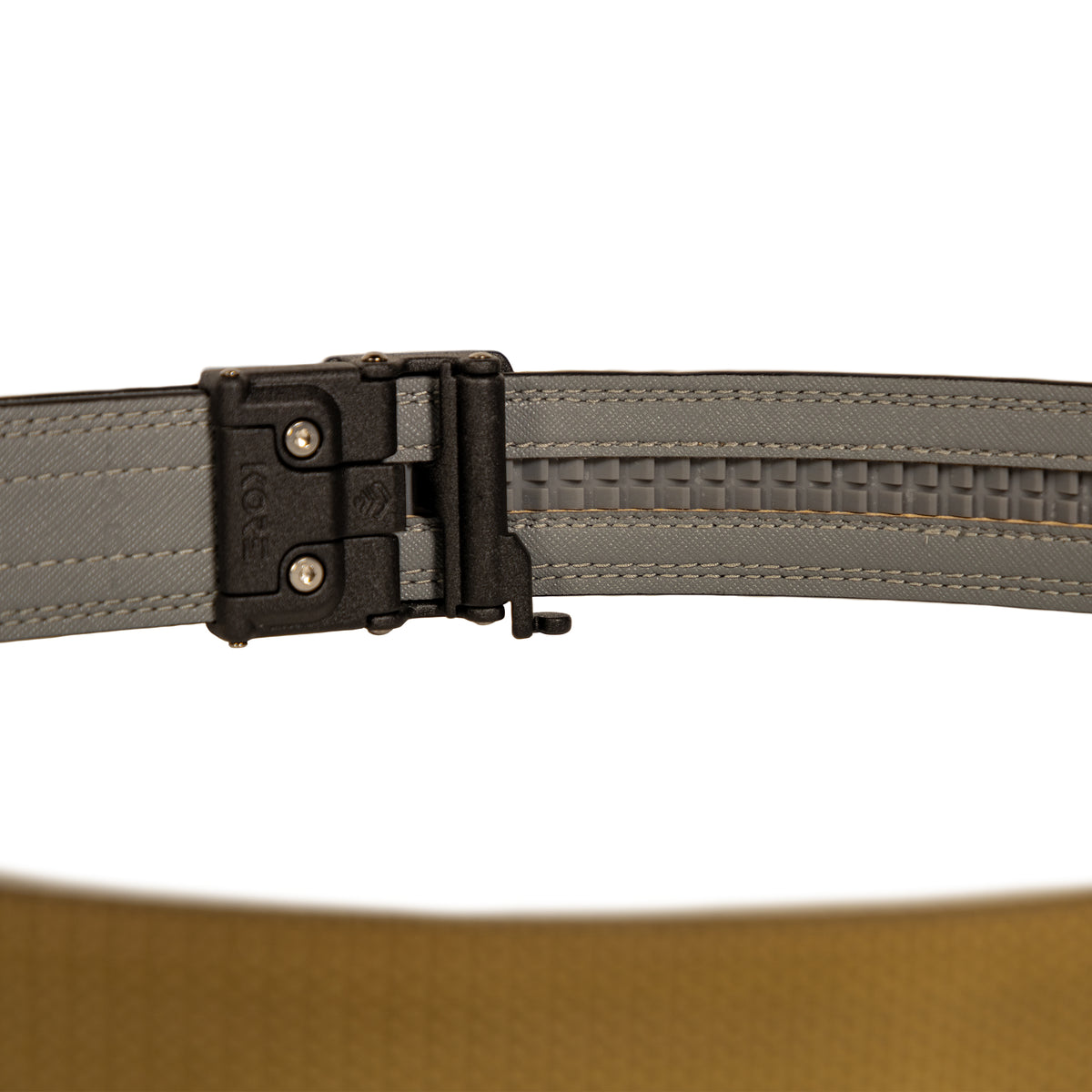ZF x Kore Sleek Gun Belt shown close up with a black quick release buckle, gray textured strap, stitched edges, and an adjustable inner track