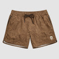 Brown athletic shorts with an all-over topographic map pattern, elastic waistband with drawstring, zippered side pockets, and a small skull logo near the hem, Zero Shorts - 7" Inseam.