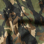 Close-up of camouflage fabric pattern in green, brown, tan, and black tones on a CPO Shirt, showing texture and rugged material suitable for outdoor wear.