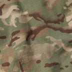 Close-up of fabric with green, brown, and beige camouflage pattern and textured weave, part of the CPO Shirt material.