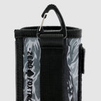 Close-up view of the black and gray camouflage Rations Drink Wrap with a sturdy black strap and attached black carabiner clip against a plain background.