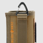 Close-up of a durable tan fabric Rations Drink Wrap with reinforced stitching and a black carabiner clip attached to a fabric loop for easy carrying and secure attachment.
