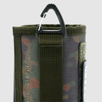 Rations Drink Wrap in camouflage fabric with olive green nylon strap and black plastic carabiner clip attached for easy carrying.